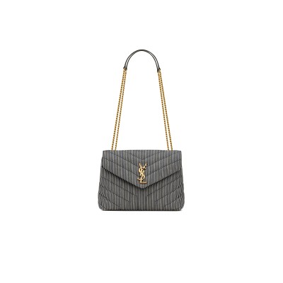 YSL LOULOU SMALL IN Y-QUILTED STRIPED DENIM 494699FAA7G4165 (23*17*9cm)